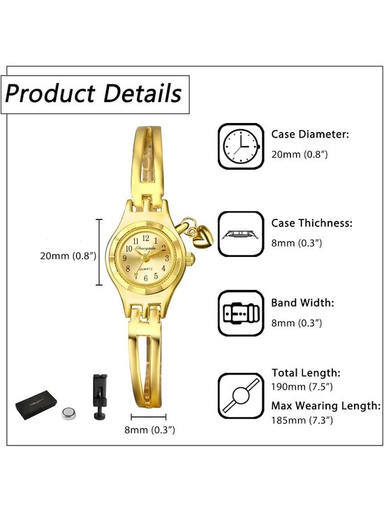 Womens All Gold Analog Quartz Stainless Steel Heart Pandant Bracelet Wrist Watch